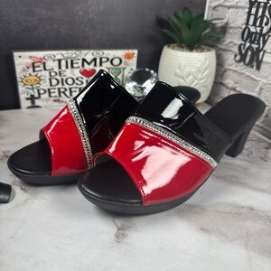 Chic Red and Black Patent Leather Mules